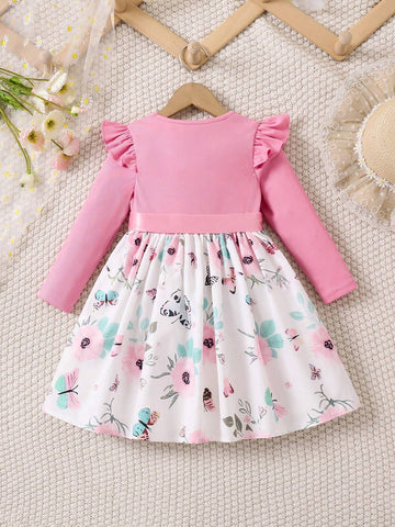 Young Girl Fashion Floral Print Ruffle Long Sleeve Dress With Bow Belt For Spring And Autumn