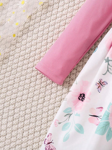 Young Girl Fashion Floral Print Ruffle Long Sleeve Dress With Bow Belt For Spring And Autumn