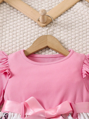 Young Girl Fashion Floral Print Ruffle Long Sleeve Dress With Bow Belt For Spring And Autumn