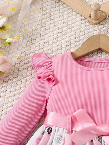 Young Girl Fashion Floral Print Ruffle Long Sleeve Dress With Bow Belt For Spring And Autumn