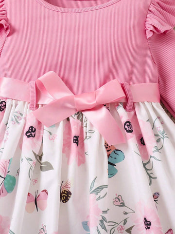 Young Girl Fashion Floral Print Ruffle Long Sleeve Dress With Bow Belt For Spring And Autumn