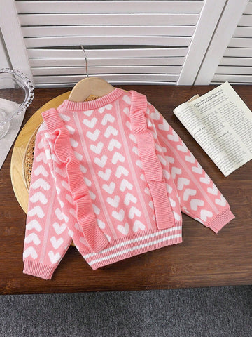 Young Girl Fashion Heart Print Patchwork Cap Sleeve Crew Neck Long Sleeve Knitted Sweater, Suitable For Moments And Daily Wear