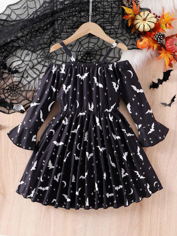 Young Girl Fashion Off-Shoulder Bat & Moon Print Asymmetrical Hem Cinched Waist Mini Dress, Halloween Mommy And Me Matching Outfits (2pcs Sold Separately)