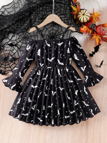 Young Girl Fashion Off-Shoulder Bat & Moon Print Asymmetrical Hem Cinched Waist Mini Dress, Halloween Mommy And Me Matching Outfits (2pcs Sold Separately)