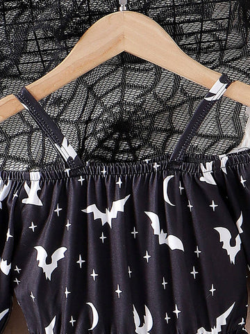 Young Girl Fashion Off-Shoulder Bat & Moon Print Asymmetrical Hem Cinched Waist Mini Dress, Halloween Mommy And Me Matching Outfits (2pcs Sold Separately)