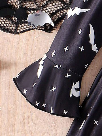 Young Girl Fashion Off-Shoulder Bat & Moon Print Asymmetrical Hem Cinched Waist Mini Dress, Halloween Mommy And Me Matching Outfits (2pcs Sold Separately)