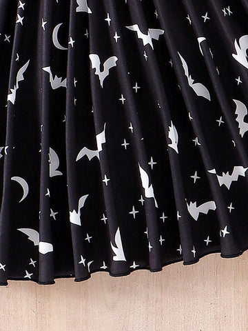 Young Girl Fashion Off-Shoulder Bat & Moon Print Asymmetrical Hem Cinched Waist Mini Dress, Halloween Mommy And Me Matching Outfits (2pcs Sold Separately)