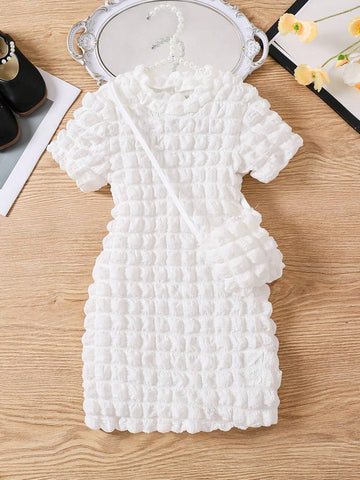Young Girl Fashion Popcorn Bubble Fabric Fitted Dress With Matching Bag, Elegant Trendy Versatile, Suitable For Summer