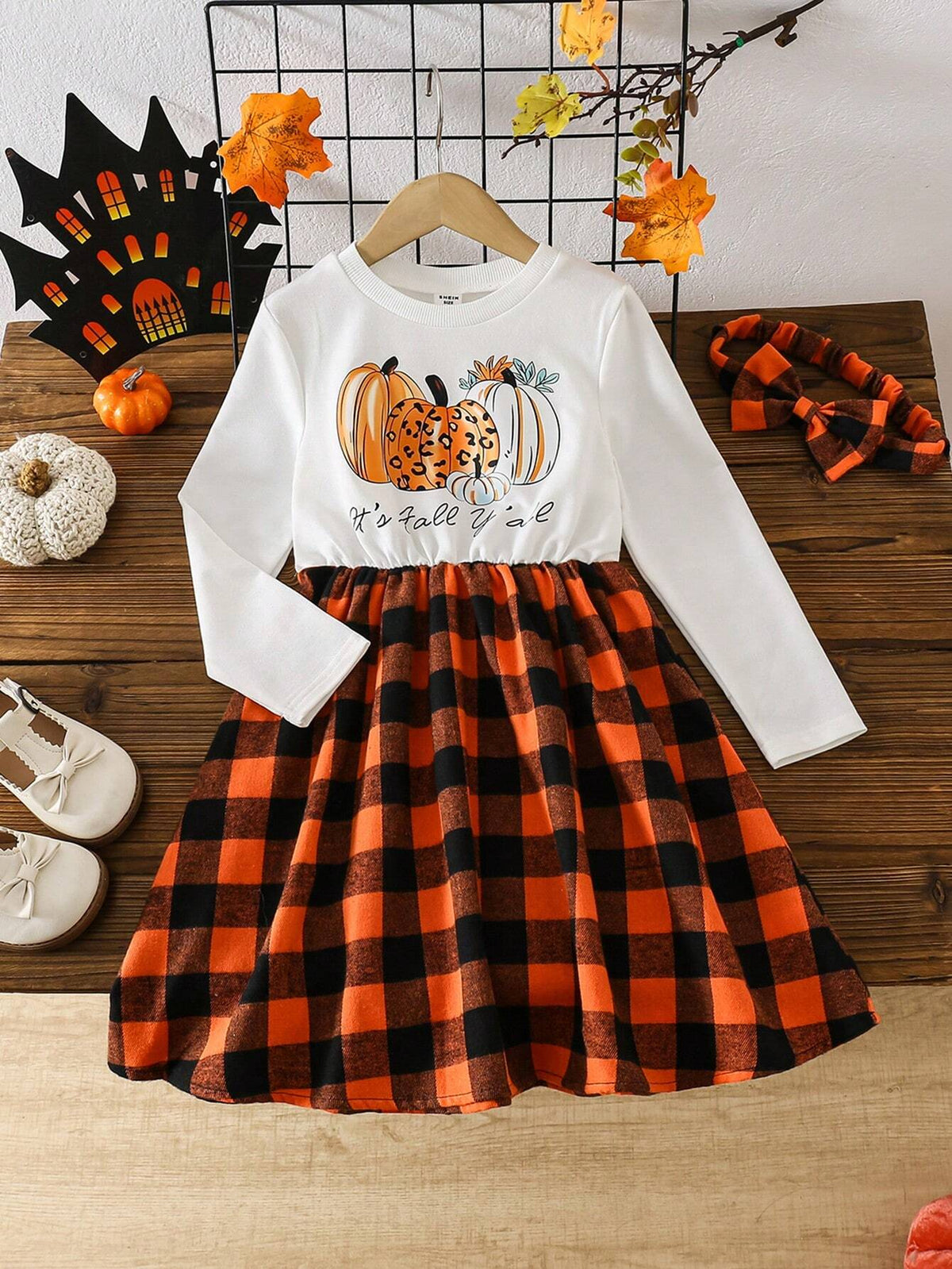 Young Girl Fashion Set, Trendy Plaid Patchwork Casual Dress, Autumn 2024