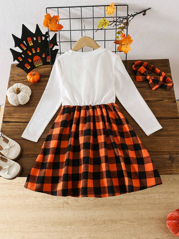 Young Girl Fashion Set, Trendy Plaid Patchwork Casual Dress, Autumn 2024