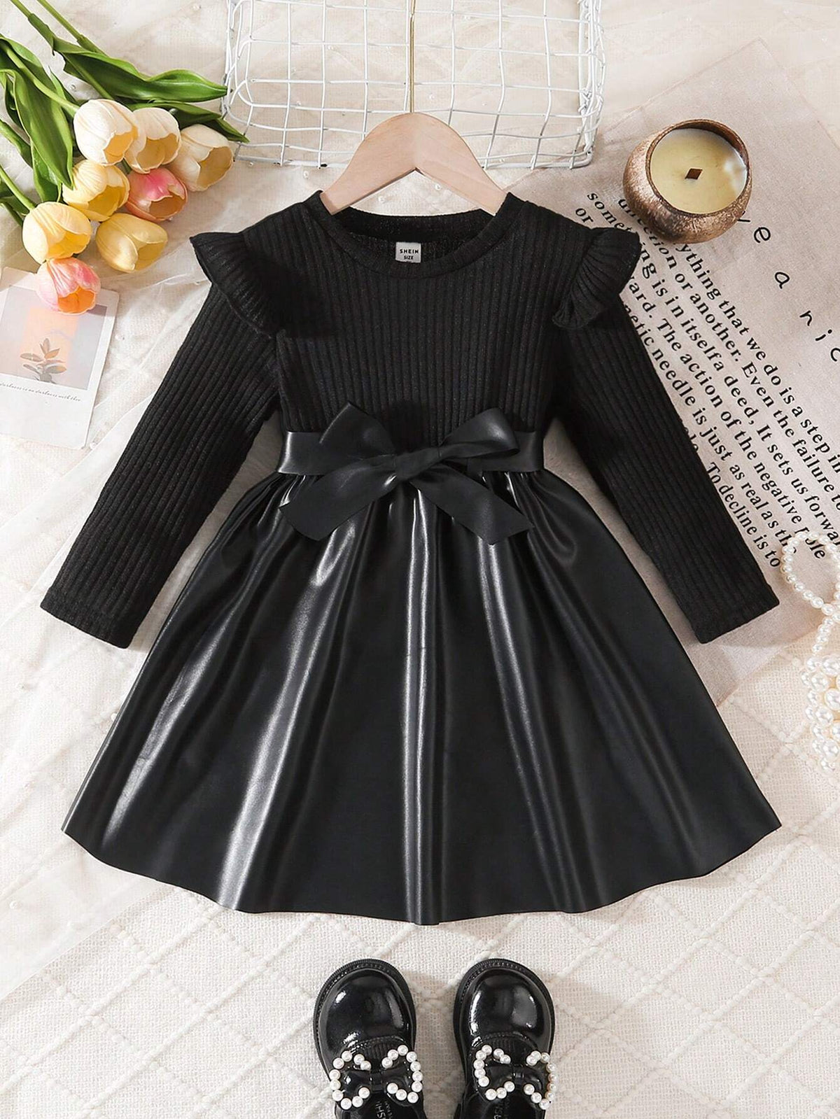 Young Girl' Fashion Simple Cute Flounce Sleeve Belt Little Black Skirt Dress, Suitable For Casual Outings In Spring/Autumn