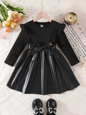 Young Girl' Fashion Simple Cute Flounce Sleeve Belt Little Black Skirt Dress, Suitable For Casual Outings In Spring/Autumn