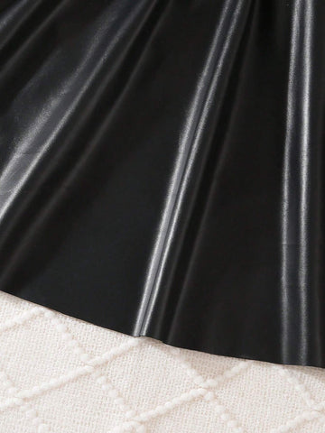 Young Girl' Fashion Simple Cute Flounce Sleeve Belt Little Black Skirt Dress, Suitable For Casual Outings In Spring/Autumn