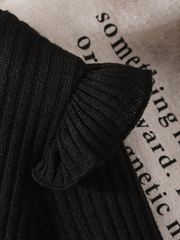 Young Girl' Fashion Simple Cute Flounce Sleeve Belt Little Black Skirt Dress, Suitable For Casual Outings In Spring/Autumn