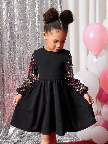 Young Girl Fashion Street Sequin Patchwork Solid Color Round Neck Long Sleeve Dress