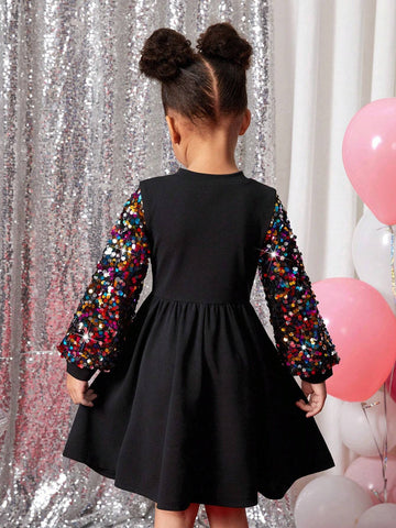 Young Girl Fashion Street Sequin Patchwork Solid Color Round Neck Long Sleeve Dress