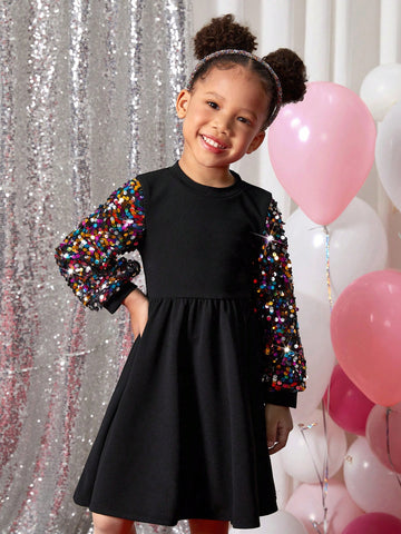 Young Girl Fashion Street Sequin Patchwork Solid Color Round Neck Long Sleeve Dress