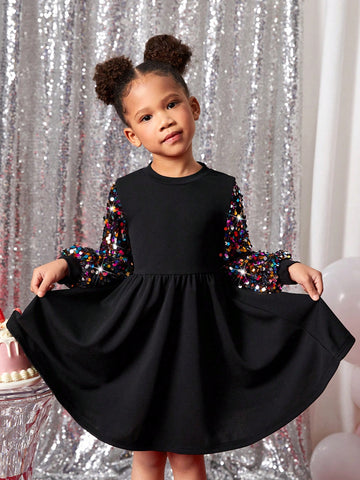 Young Girl Fashion Street Sequin Patchwork Solid Color Round Neck Long Sleeve Dress