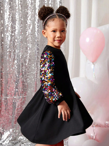 Young Girl Fashion Street Sequin Patchwork Solid Color Round Neck Long Sleeve Dress