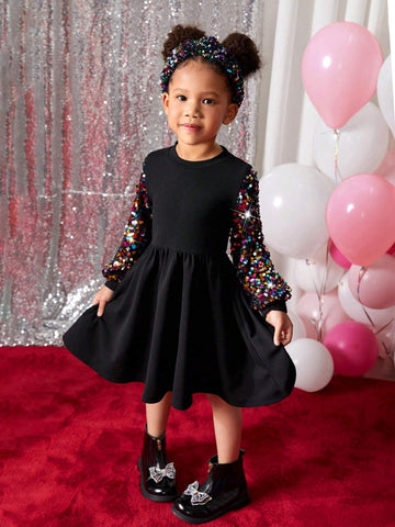 Young Girl Fashion Street Sequin Patchwork Solid Color Round Neck Long Sleeve Dress