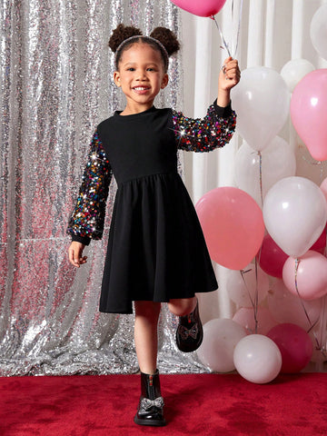 Young Girl Fashion Street Sequin Patchwork Solid Color Round Neck Long Sleeve Dress