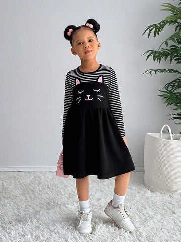 Young Girl Fashion Striped Patchwork Solid Color Cats Print Long Sleeve Dress