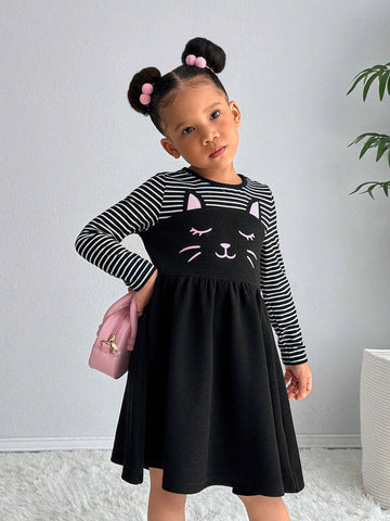Young Girl Fashion Striped Patchwork Solid Color Cats Print Long Sleeve Dress