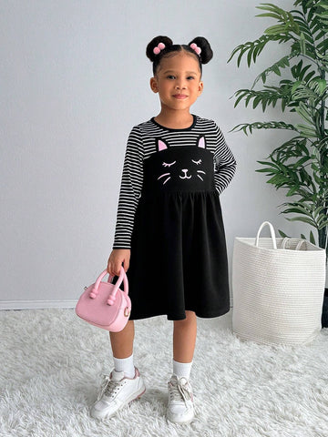 Young Girl Fashion Striped Patchwork Solid Color Cats Print Long Sleeve Dress