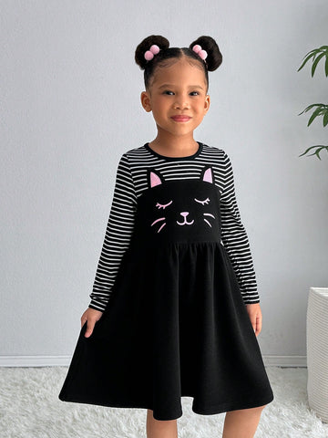 Young Girl Fashion Striped Patchwork Solid Color Cats Print Long Sleeve Dress