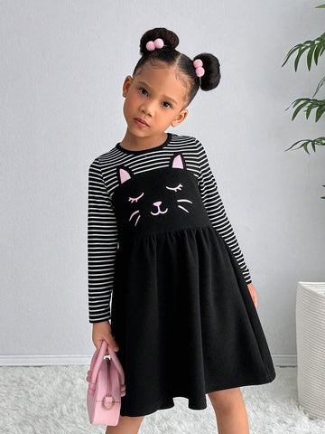 Young Girl Fashion Striped Patchwork Solid Color Cats Print Long Sleeve Dress