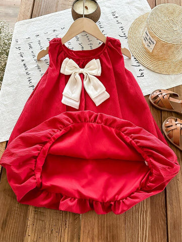 Young Girl' Fashion Sweet Bowknot Red Princess Dress
