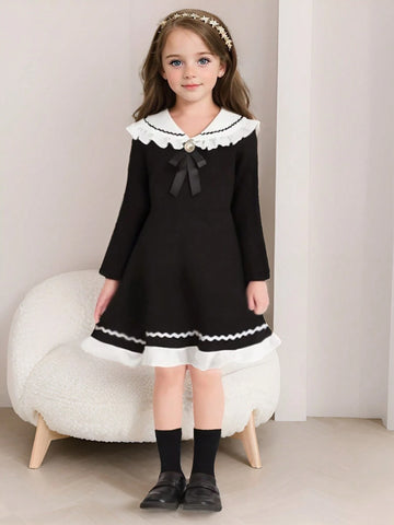 Young Girl Fashion Sweet Cute Sailor Collar Comfortable Knit Fabric Fitted Ruffle Hem Black Dress, Suitable For Autumn/Winter