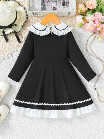Young Girl Fashion Sweet Cute Sailor Collar Comfortable Knit Fabric Fitted Ruffle Hem Black Dress, Suitable For Autumn/Winter