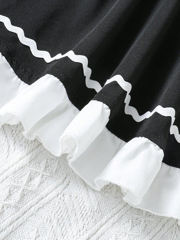Young Girl Fashion Sweet Cute Sailor Collar Comfortable Knit Fabric Fitted Ruffle Hem Black Dress, Suitable For Autumn/Winter