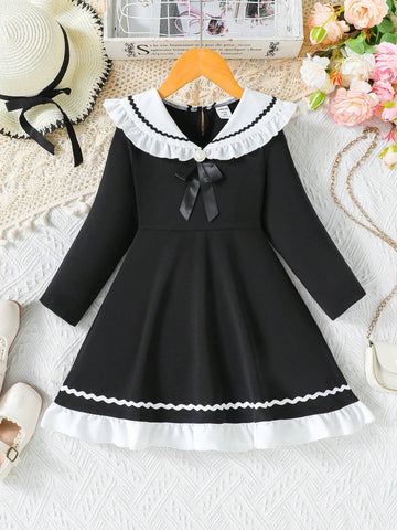 Young Girl Fashion Sweet Cute Sailor Collar Comfortable Knit Fabric Fitted Ruffle Hem Black Dress, Suitable For Autumn/Winter