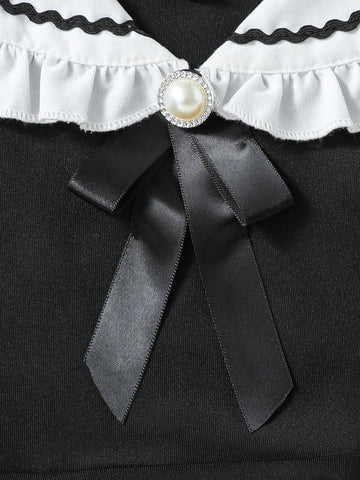 Young Girl Fashion Sweet Cute Sailor Collar Comfortable Knit Fabric Fitted Ruffle Hem Black Dress, Suitable For Autumn/Winter