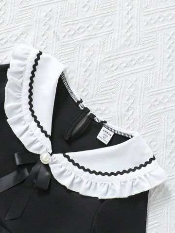Young Girl Fashion Sweet Cute Sailor Collar Comfortable Knit Fabric Fitted Ruffle Hem Black Dress, Suitable For Autumn/Winter