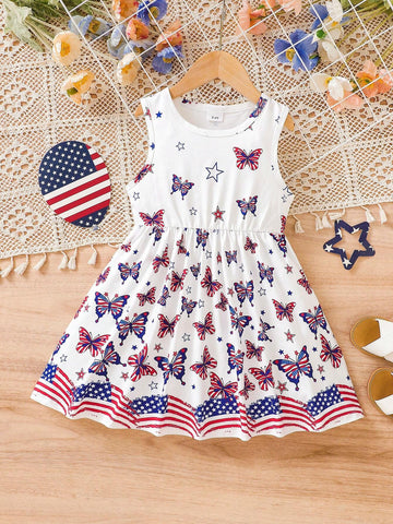 Young Girl Fashionable American Flag Butterfly Printed Sleeveless Dress For Independence Day, Summer