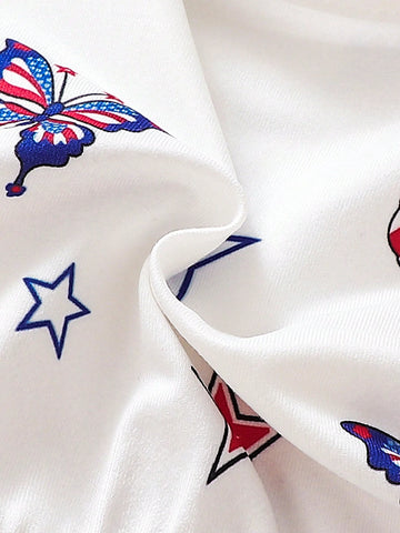 Young Girl Fashionable American Flag Butterfly Printed Sleeveless Dress For Independence Day, Summer