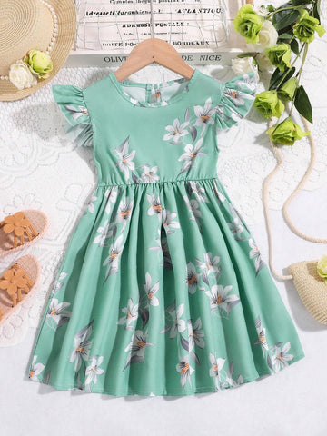 Young Girl Fashionable And Sweet Cap Sleeve Printed Dress