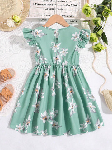 Young Girl Fashionable And Sweet Cap Sleeve Printed Dress