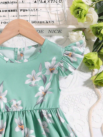 Young Girl Fashionable And Sweet Cap Sleeve Printed Dress