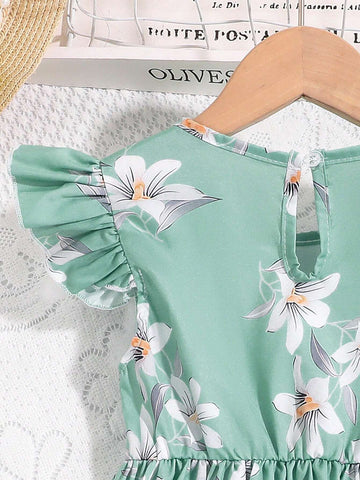 Young Girl Fashionable And Sweet Cap Sleeve Printed Dress