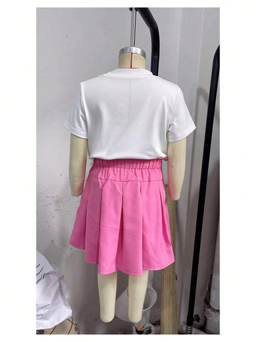 Young Girl Fashionable Car & Letter Printed T-Shirt And Pleated Skirt 2pcs/Set