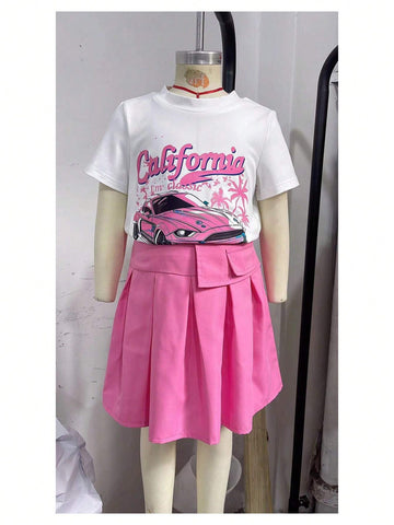 Young Girl Fashionable Car & Letter Printed T-Shirt And Pleated Skirt 2pcs/Set