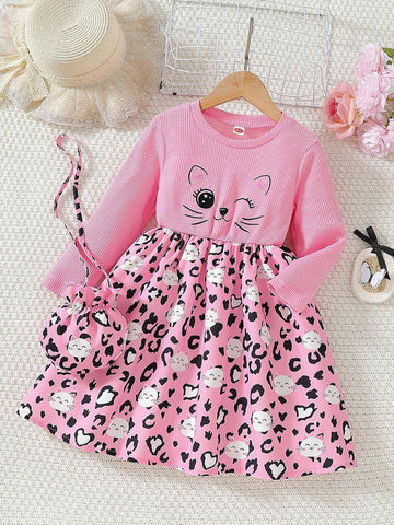 Young Girl Fashionable Casual Cute Embroidery Dress + Matching Handbag Set