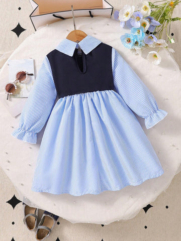 Young Girl Fashionable Casual Striped Polo Collar Patchwork Heart Decor A-Line Dress