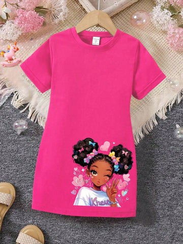 Young Girl' Fashionable Cute Bow Heart Print Short Sleeve T-Shirt Dress