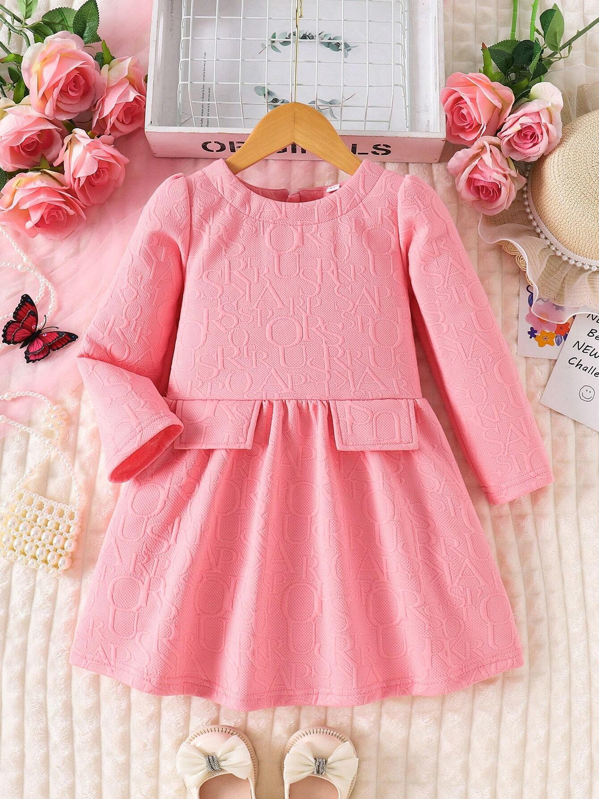 Young Girl Fashionable Cute Pink Letter Jacquard Dress