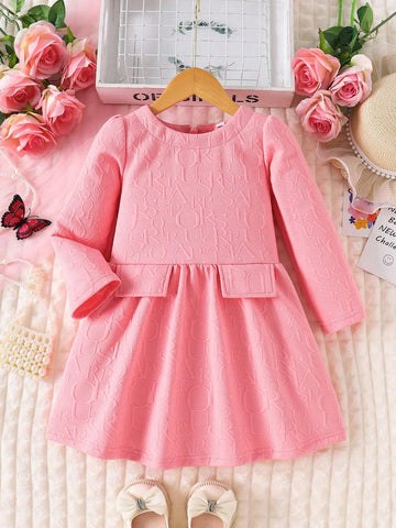 Young Girl Fashionable Cute Pink Letter Jacquard Dress